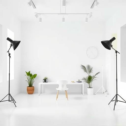 A bright and airy modern studio in River North with white walls, minimalist decor, and professional lighting equipment.