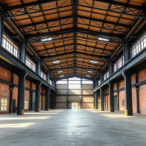 A spacious industrial warehouse in Pilsen with high ceilings, concrete floors, and abundant natural light.