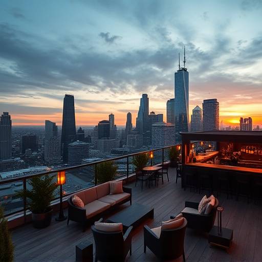 A stunning rooftop terrace in downtown Chicago overlooking the city skyline at sunset with lounge seating and a bar area.