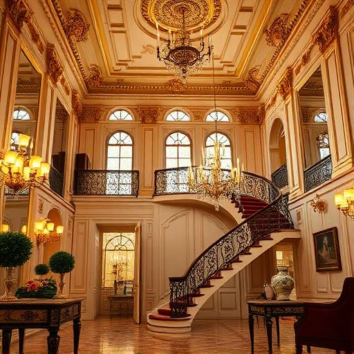 An elegant mansion in the Gold Coast with ornate details, a grand staircase, and luxurious furnishings.