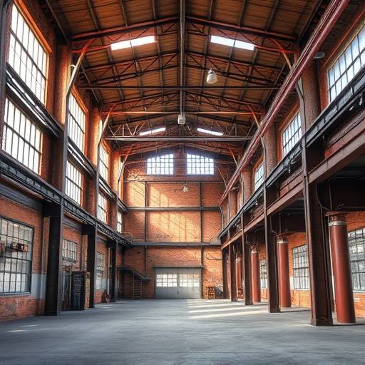 Industrial warehouse space in Pilsen, Chicago, with high ceilings, concrete floors, and natural light.
