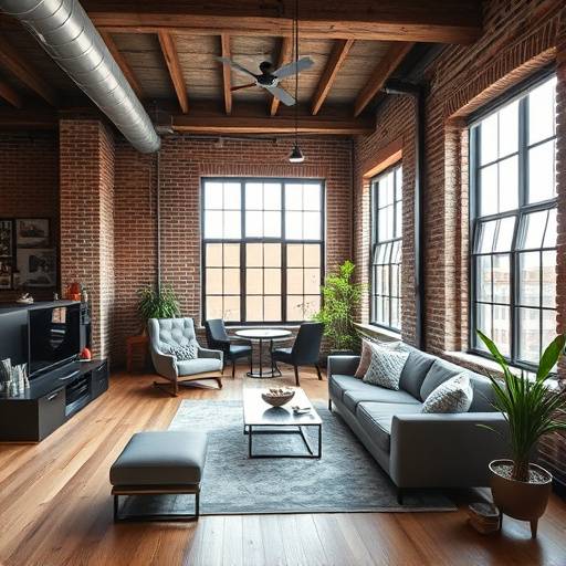 Loft apartment with exposed brick in Wicker Park, Chicago, showcasing modern furniture and large windows.