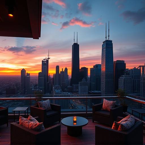 Rooftop terrace overlooking the Chicago skyline at sunset, featuring lounge seating and a bar area.